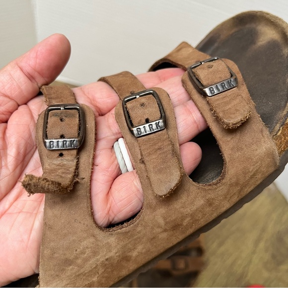 Birkenstock Brown Leather Three Strap Cork Sole Slide Sandals Size 9 - Picture 8 of 12